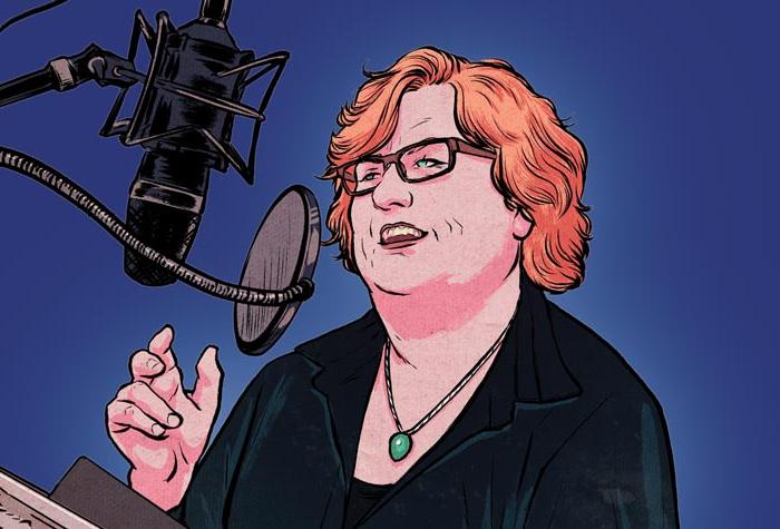 Illustration of Maile Flanagan speaking into a microphone..